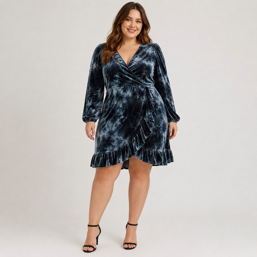 EST. 1946 Velvet Tie Dye Wrap Dress Womens 18/20W Blue Black Ruffle Midi